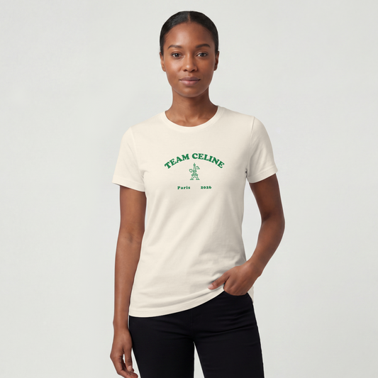 Team Celine retro Paris design in green on a natural unisex t-shirt — view 2