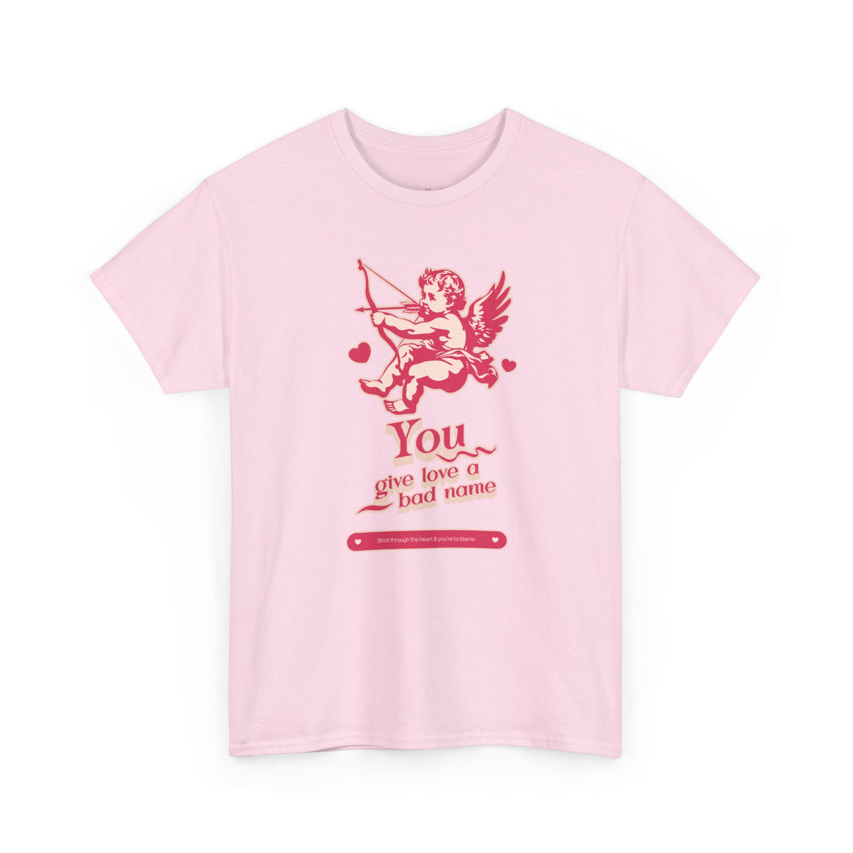 You Give Love A Bad Name lyric with angel graphic artwork on a white unisex t-shirt — view 6