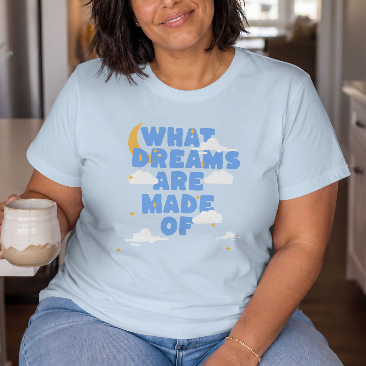 What Dreams Are Made Of lyric with moon and clouds artwork on a unisex t-shirt — view 2