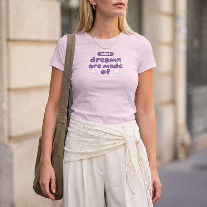 What Dreams Are Made Of lyric in purple bubble lettering on a unisex t-shirt — view 2