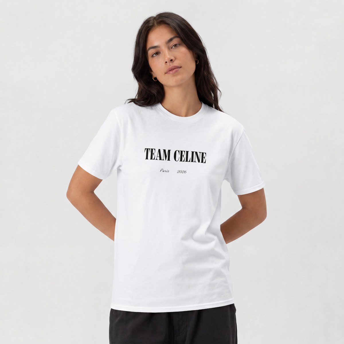 Team Celine bold slogan printed on a unisex t-shirt in black and white — view 3
